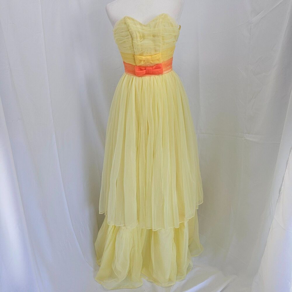 Vtg 1950s Emma Domb Yellow Dress Tulle Party Prom Pinup Size S Union Made